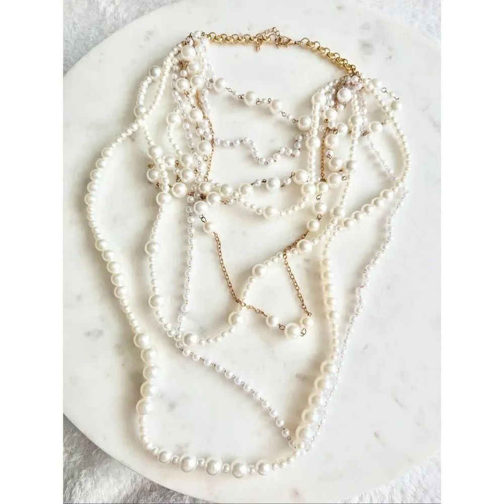Layered Faux Pearl Statement Necklace Gold Tone Multi Strand Bridal